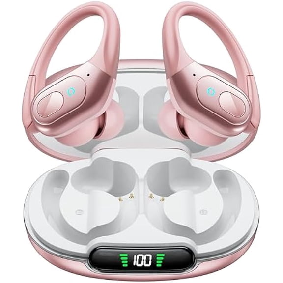 occiam Wireless Earbuds Bluetooth Headphones 90H Playback Sport Ear Buds with Earhook LED Display Charging Case in Ear Sweatproof Running Earphones for Workout iOS Android Cellphone,Rose Gold