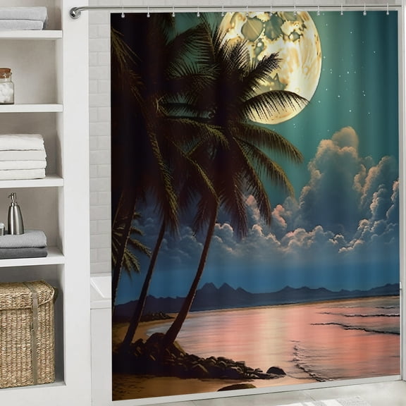 ocean beach palm trees printed waterproof shower curtain waterproof shower curtain  Cloth Fabric Bathroom Decor Set with Hooks