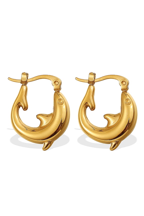 These ocean-inspired gold dolphin earrings are a refined and elegant pair, offering ultimate luxury, a simple yet stylish design, and a perfect complement to any outfit, perfect for everyday wear.