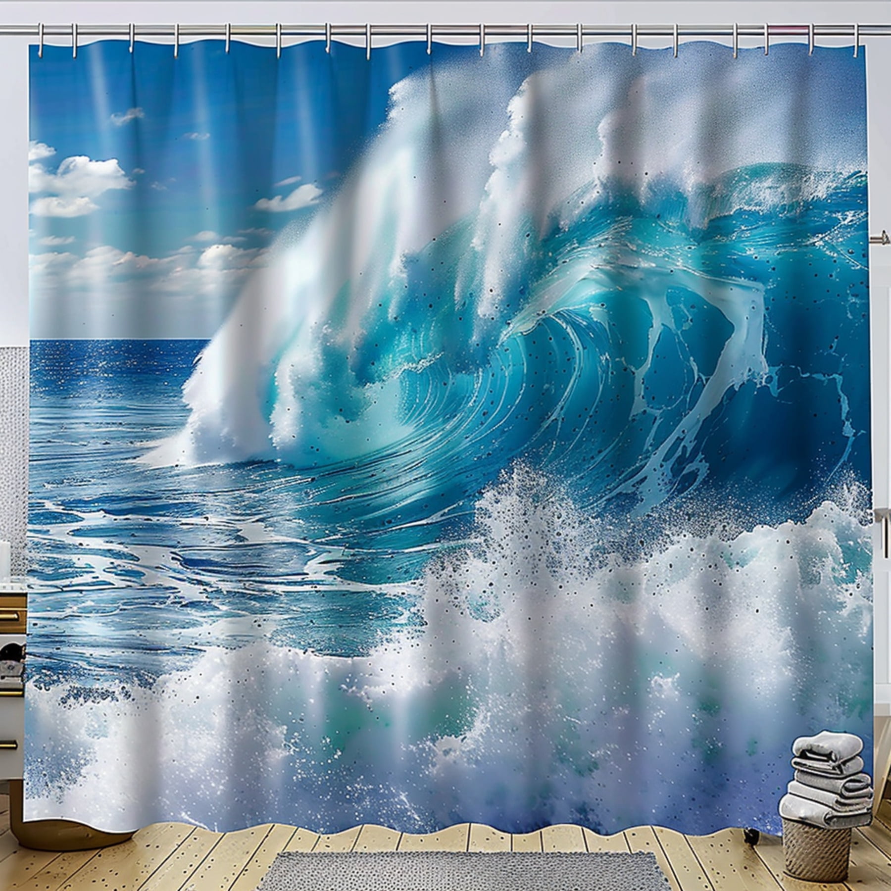 ocean wave shower curtain with hyper realistic photo of crashing waves