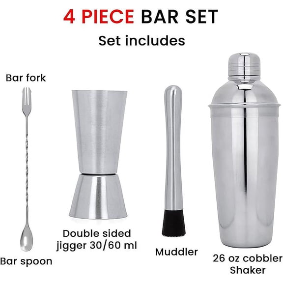 ocktail Shaker 4 Pc Set Food Grade Stainless Steel Bartender Kit Bar Set with Drink Mixer Muddler Spoon 30/60ml Two-Sided Jigger