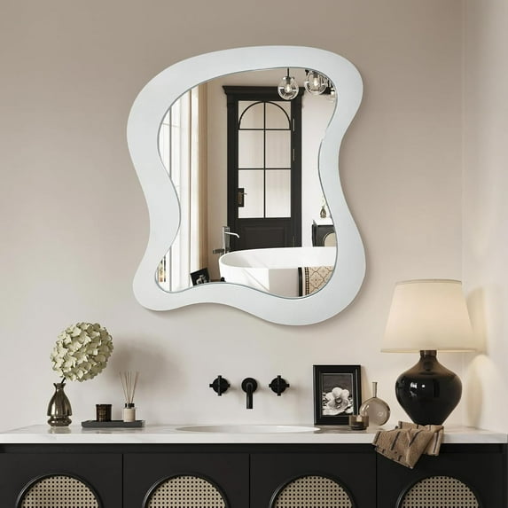 octopus Irregular Wall Mirror - 20"x24" Asymmetrical Wall Mirror with Funky Wooden Frame & Shatter-Proof Glass, Decorative Wall Mirror for Living Room, White