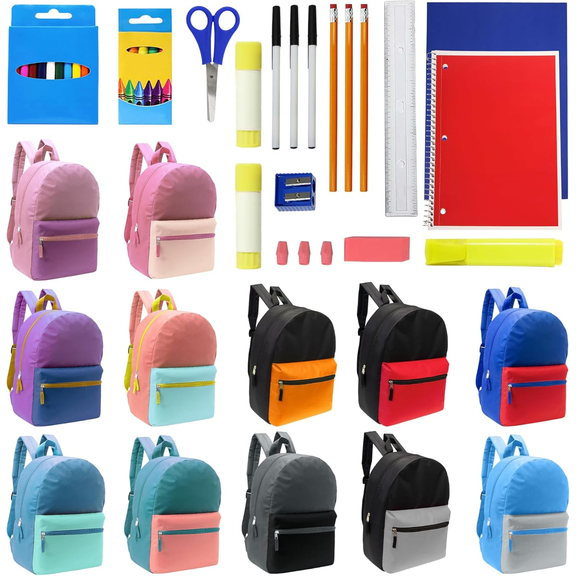 oda West 17 Inch Bulk Backpacks with School Supply Kit - Case of 12 Wholesale Backpacks Assorted Colors