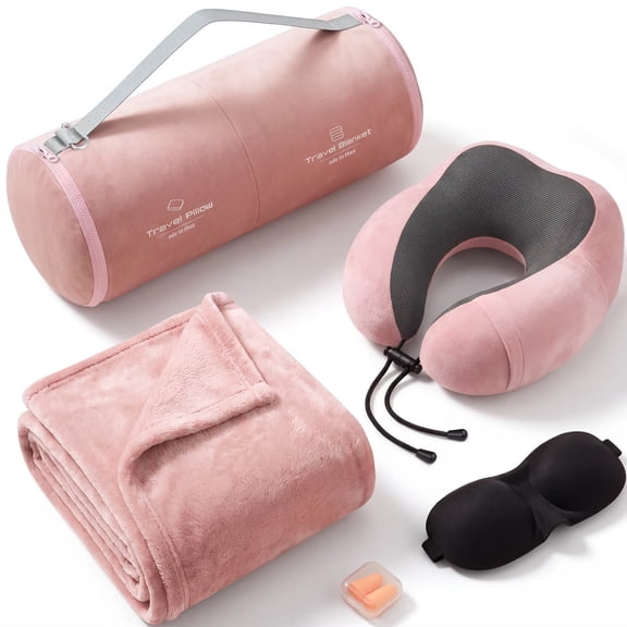 ode to thee Memory Foam Travel Pillow & Blanket Set with Sleep Mask, Pink
