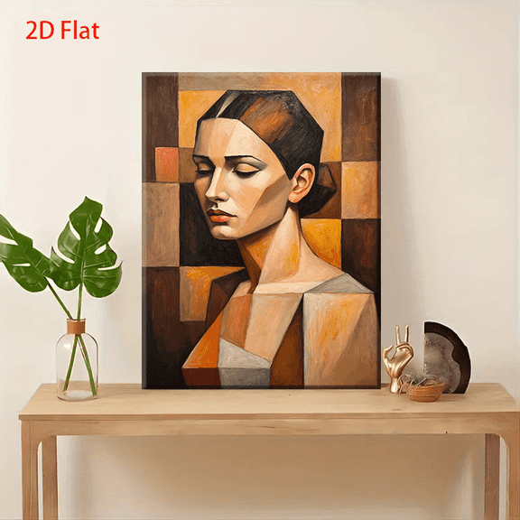 odern Abstract Woman Portrait Painting - 2D Flat Geometric Brown & Golden Tones Textured Oil Painting Style Wall Art, Minimalist Female Figure for Living Room, Study, Bedroom Decor - Contemporary