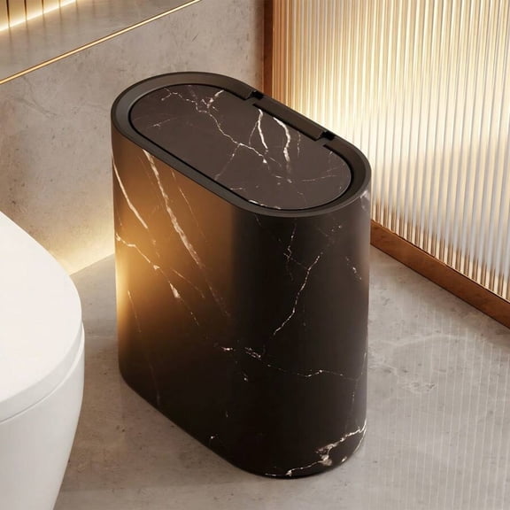 odorsTT 1 Set Black 3.17 Gallon Double Barrel Trash Can, Marble & Wood Grain Design, Push-Lid Plastic Bin with Handle for Kitchen/Living Room/Bedroom Storage