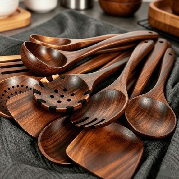 odorsTT 10-Piece Non-Stick Cookware Set, Wooden Kitchen Utensils, Heat-Resistant, Including a Spatula and a Perforated Wooden Spoon,Suitable for The Kitchen, Cooking, Baking, Serving