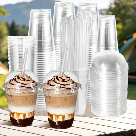 odorsTT 100 Sets - 12oz Transparent Party Cups with Round Tops and Straws,Suitable for Cold Drinks, Smoothies, Milkshakes, Plastic Party Cups, Suitable for Easter Parties, Outdoor Camping, Weddings