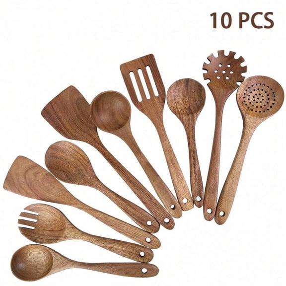 odorsTT 10pcs Wooden Kitchen Utensils Kit,Smooth Finish Teak Wooden Kitchen Utensils Set,Non-Stick, Lightweight Kitchen Supplies Baking Accessories for Cooking