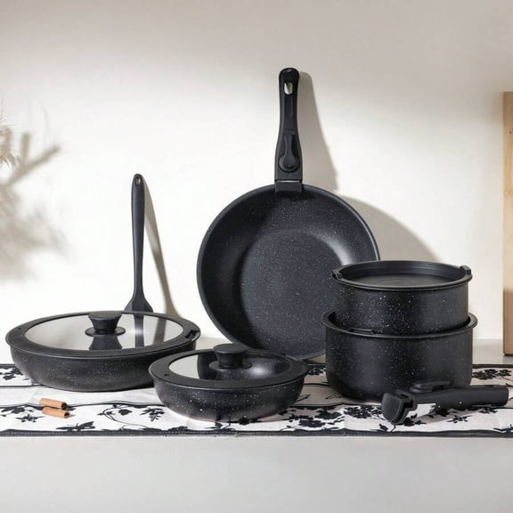 odorsTT 12-Piece Nonstick Pots and Pans Set - Kitchen Cookware with Removable Handles - Ideal for Home Cooking - Black