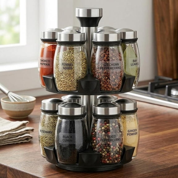 odorsTT 12pcs Glass Jar Set - Rotating Kitchen Spice Rack Organizer, Countertop Herb & Spice Carousel - Ideal for Kitchen Counter Accessories, Spice Organization, and Storage