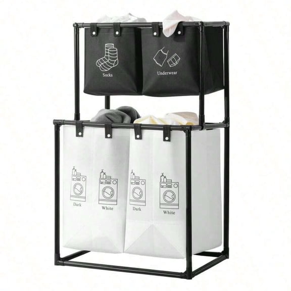 odorsTT 2 Compartment Laundry Hamper - 2 Tier Laundry Sorter with Handles - Sturdy Metal Frame & Breathable Mesh Bags - Space Saving Foldable Clothes Organizer for Home, Apartment, Laundry Baskets
