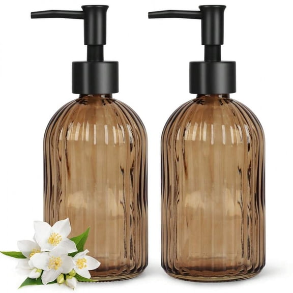 odorsTT 2-Pack Amber Glass Soap Dispenser with Black Rust-Proof Pump, 400ml Refillable Bottles for Hand Soap, Lotion, Dish Soap & Oil, Kitchen and Bathroom Essentials