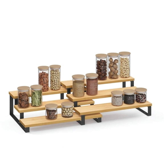 odorsTT 2 Pack Black Display Risers, Bamboo Perfume Organizer Stand, 3 Tier Cupcake Stand Holder, Spice Rack