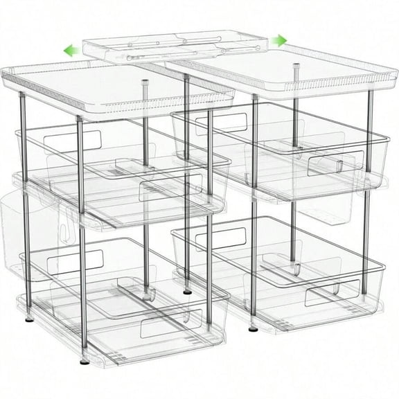 odorsTT 2 Sets 3 Tier Clear Bathroom Organizers, Pull Out Organizer and Storage with 2 Cups, Slide Out Drawer Storage Container with 6 Dividers, Kitchen Under Sink Organizer