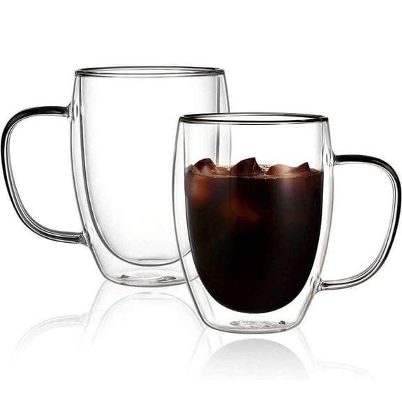 odorsTT 2 Sets Glass Coffee Mugs with Handle, 15Oz Double Walled Insulated Layer Cappuccino Mug for Latte, Cappuccino, Americano, Tea Bag