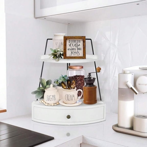 odorsTT 2 Tier White Bathroom Counter Organizer, Wood Bathroom Tray with Drawer, Corner Storage Shelf for Cosmetic Vanity Tray Kitchen Spice Rack Coffee Station Organizer