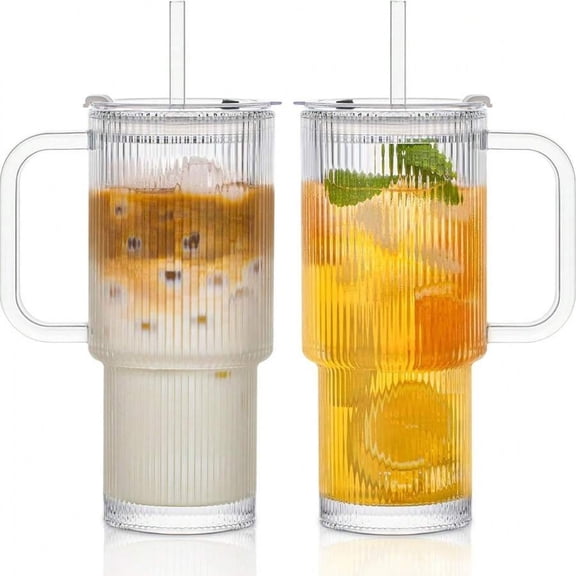 odorsTT 2PCS Ribbed Glass Cups With Handles, 24OZ Large Capacity Iced Coffee Mug, Modern Glass Cups Suitable For Cold And Hot Drinks,-Free, Beautiful Travel Cups Suitable For Ice