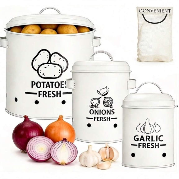 odorsTT 3-Piece Metal Vegetable Storage Container Set with Lids - Breathable Potato, Onion, and Garlic Holder Bin with Ventilation Holes for Kitchen Pantry Organization - White