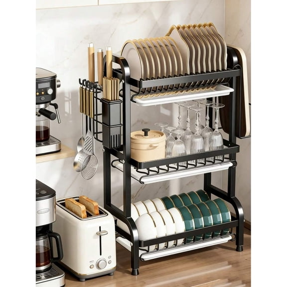 odorsTT 3-Tier Over Sink Heavy Duty Stainless Steel Dish Drying Rack, Removable Drainboard with Utensil Knife Cup Cutting Board Holder