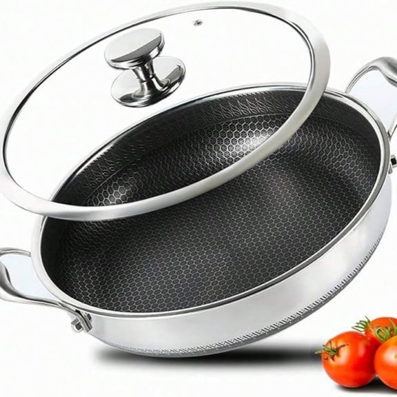 odorsTT 316L Stainless Steel Frying Pan-Hex Nonstick Wok with Lid, Two Handle Hold, Dishwasher Oven Friendly, Cookware for Stir Fry/Toast/Roast/Bake/Stew - 32CM/12.5inch
