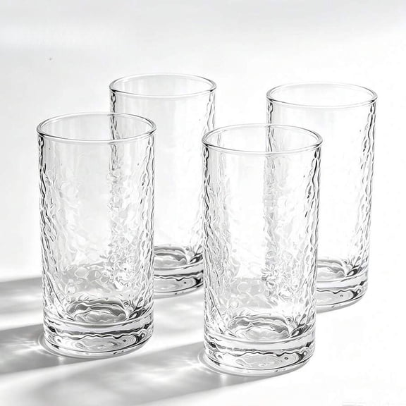 odorsTT 4 Pieces Hammered Clear Glass Drinking Glasses, Diamond Textured Highball Tumblers for Water Juice Iced Drinks Cocktail, Summer Drinkware Kitchen & Tableware Barware & Drinkware