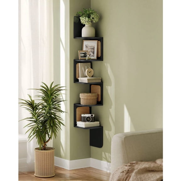 odorsTT 5-Tier Black Corner Shelf, Wall Mounted Floating Shelf, Zigzag Corner Shelf Unit, PVC Rattan Sides, Space-Saving for Kitchen, Living Room, Bedroom