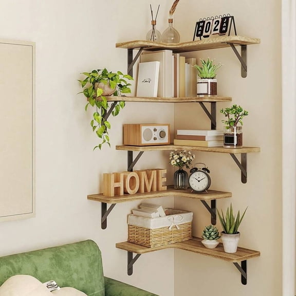 odorsTT 5 pcs Light Brown Corner Floating Shelves,Rustic Wood Wall Mounted Corner Shelf for Bathroom, Kitchen, Bedroom, Home Decor, Laundry Room, Living Room, Spring Decor
