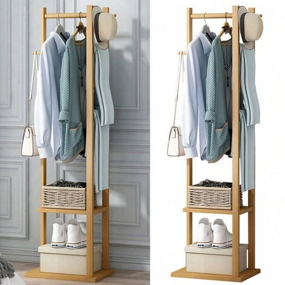 odorsTT Bamboo Clothing Rack, Corner Coat Rack Stand Hall Trees Free Standing Clothes Hanging Rail Garment Rack with 2 Shelves 3 Hanger Hooks and Pants Hanger for Entryway Bedroom Living Room