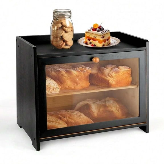 odorsTT Bamboo Double Layer Bread Box Large Capacity Farmhouse Style Acrylic Window Kitchen Countertop Storage Container for Cabinet Pantry Cupboard Organizer