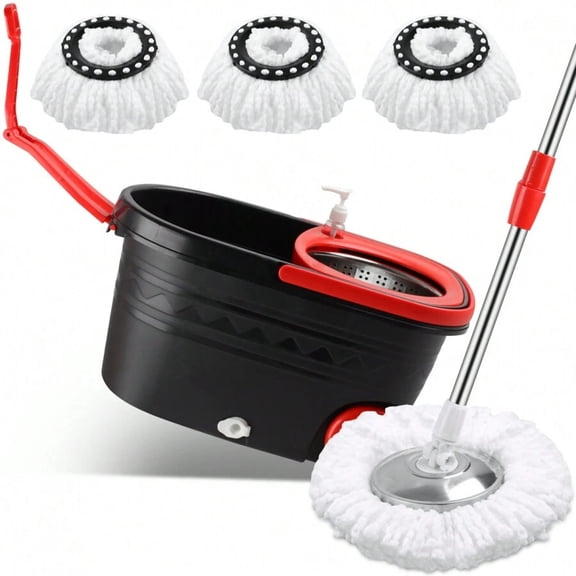 odorsTT Black 360 ° Spinning Mop Bucket, 3 Washable Microfiber Pads, Adjustable Stainless Steel Handle, Easy Moving with Wheels for Floor Cleanning