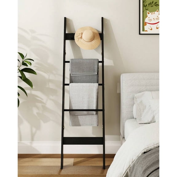 odorsTT Black Blanket Ladder Shelf for Living Room, Decorative Wood Quilt Rack with 4 Removable Hooks, 5-Tier Farmhouse Ladder Holder Organizer for Bedroom, Home Bathroom Decor Bathroom
