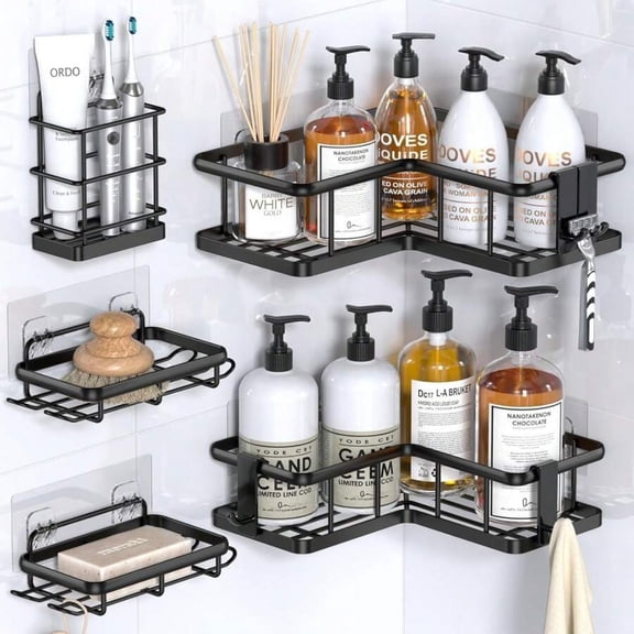 odorsTT Black Corner Shower Caddy, 5-Pack Shower Organizer Corner with Soap Holder and 4 Removable Hooks, Rustproof Corner Shower Shelves, No Drilling Shower Shelf for Inside Shower
