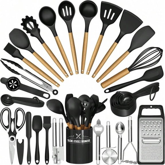 odorsTT Black Kitchen Utensils Set- 34PCS Silicone Cooking Utensils with Holder for Nonstick Cookware - Perfect for Thanksgiving, Christmas, New Year's, and Mother's Day Cooking and Gifting