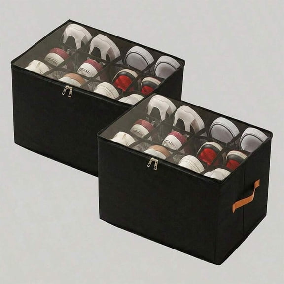 odorsTT Black Shoe Organizer for Closet, 2 Pack Foldable Shoe Storage Containers, Fits up to 24 Pairs, Shoe Storage Organizer Box Cubby Baskets Bins with Clear Cover and Reinforced Handles
