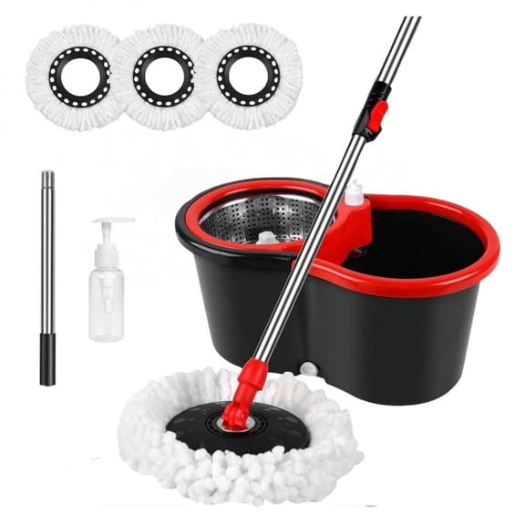 odorsTT Black Spin Mop and Bucket with Wringer Set, 360° Mop and Bucket System with 3 Microfiber Mop Refills and 61" Extended Handle for Floor Cleaning