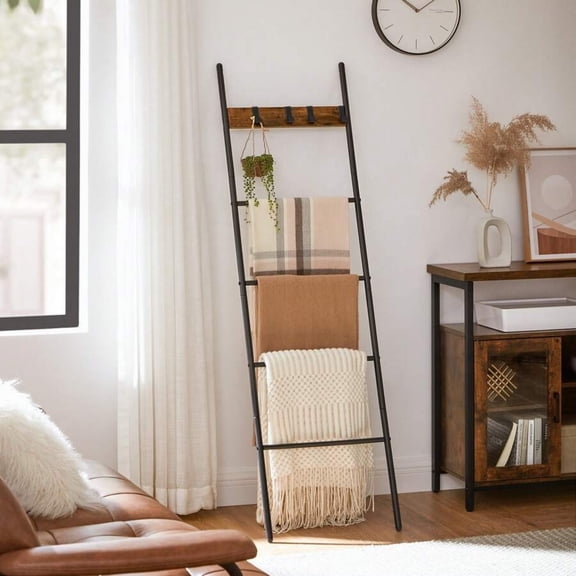 odorsTT Blanket Ladder, 5-Tier Ladder Shelf, Decorative Ladder with 4 Removable Hooks, Metal Frame, Industrial Style