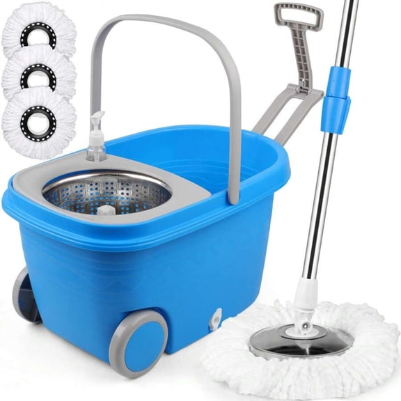 odorsTT Blue 360° Spinning Mop Bucket, 3 Washable Microfiber Pads, Adjustable Stainless Steel Handle, Easy Moving with Wheels for Floor Cleanning