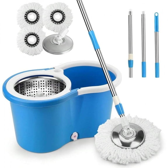 odorsTT Blue Spin Mop Bucket 360 ° with Wringer Set, Mop and Bucket Set, Stainless Steel Mop System, 3 Absorbent Microfiber Mop Head Eefills, for Household Kitchen Floor Cleaning