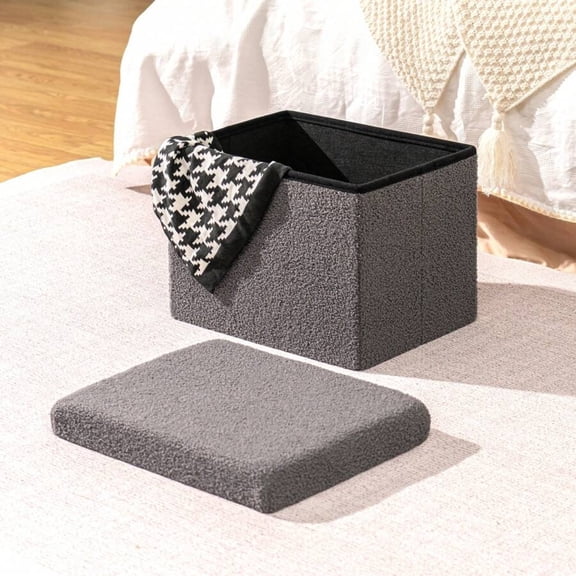 odorsTT Grey Storage Ottoman Foot Rest Stool,Ottoman with Storage, Teddy Velvet Ottoman for Living Room, Bedroom, Dorm, 16.5" X 12.6" X 12.6"
