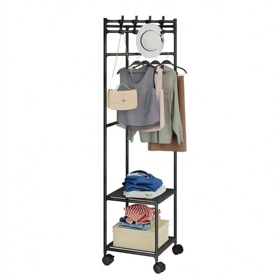 odorsTT Independent Clothes Rack with Wheels, Storage, Heavy-Duty Clothes Rack, Wooden Coat Tree, Standing Hat Rack, Corner Bedroom, Entrance, Living Room, Hotel