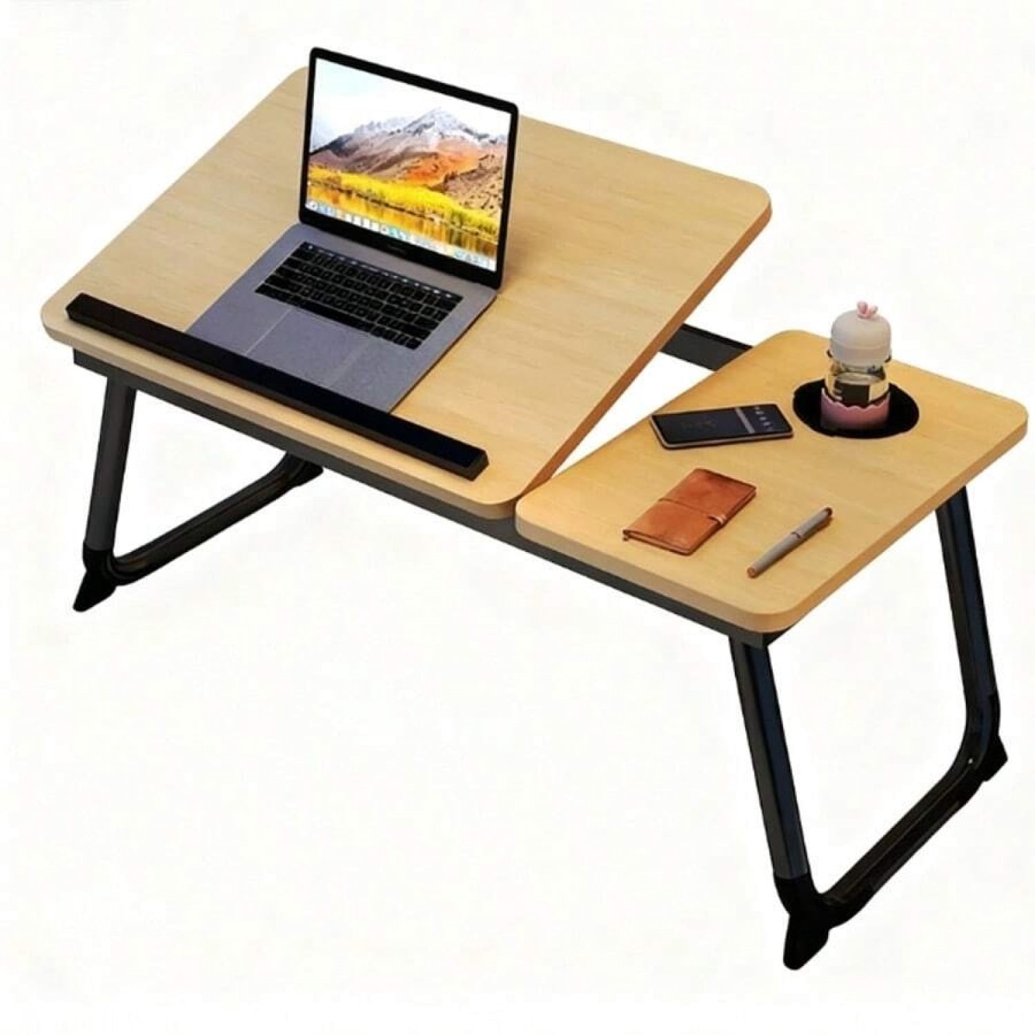 odorsTT Laptop Desk For Bed Or Couch, Folding Bed Tray with Cup Holder, Portable Legs Desk for Working Reading Writing Breakfast, Laptop Stand for Bed - Peach Wood Color