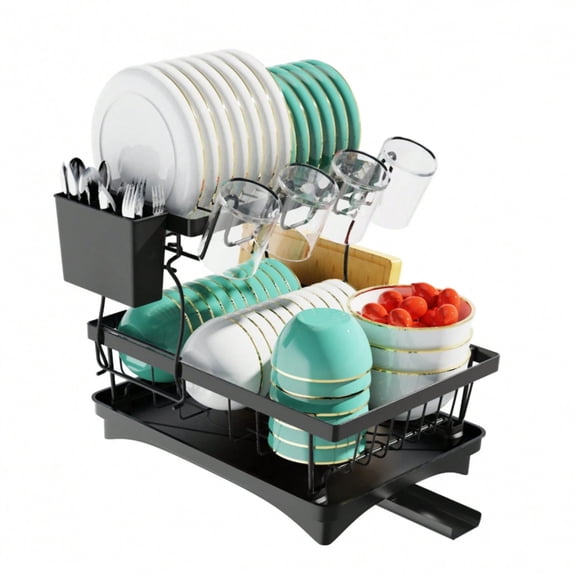 odorsTT Large Dish Drying Rack for Kitchen Counter,Detachable Large Capacity Dish Drainer Organizer with Utensil Holder,2-Tier Dish Drying Rack with Drain Board,Black