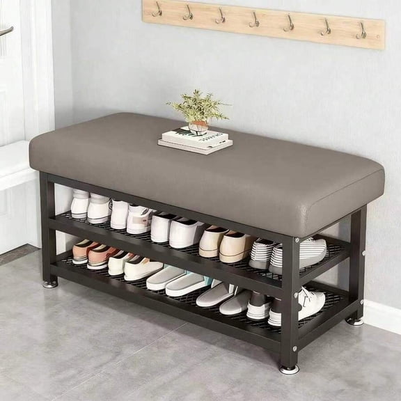odorsTT Modern Shoe Changing Stool with Soft Cushion - Multi Compartment Shoe Storage Organizer, Space Saving Metal Frame Shoe Rack for Bedroom Or Foyer, Easy To Install Entrance Passage Storage