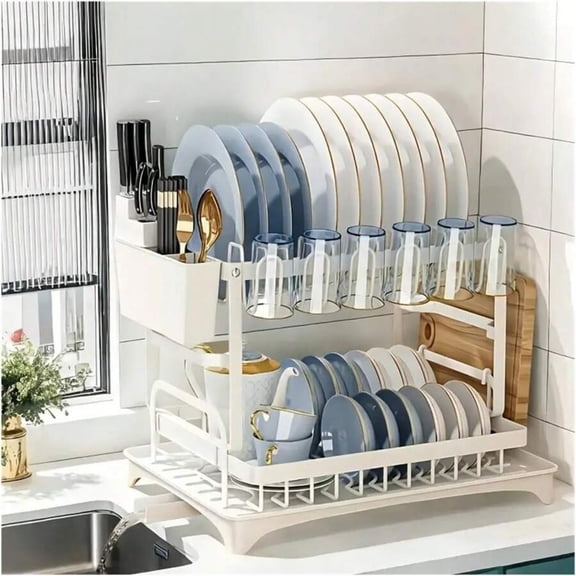 odorsTT Multifunctional Dish Drying Rack - Rustproof, 2 Tier Dish Rack with Drainer Board, Space Saving Design, Utensil and Cup Holder for Kitchen Countertop
