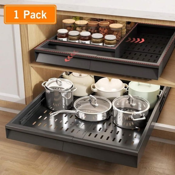odorsTT Pull out Cabinet Organizer Expandable Width(12"-18") and Depth(14"-24") No Drill Need Slide out Drawers with 3 Rails, Heavy Duty Roll Out Shelf Storage for Kitchen, Bathroom Organization