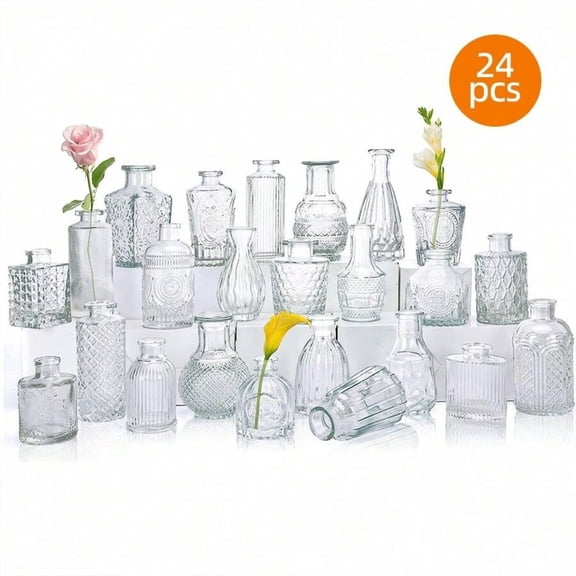 odorsTT Set of 24 Bud Vases for Flowers, Small Vases for Centerpieces, Vintage Clear Glass Vases for Home Table Decor Rustic Wedding Decorations, Mother's Day Decor, Ideal Mother's Day Gift