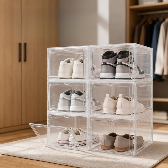 odorsTT Shoe Rack Clear Stackable Shoe Organizer Hard Sturdy Shoe Storage Thickened Plastic Shoe Boxes for Closet, Display Case with Lids - White-6pcs-XXL