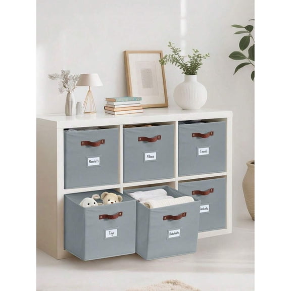 odorsTT Storage Bins, Cube Storage Bin with Labels, Fabric Storage Cubes for Shelves - Beige - Grey-Cube 13" / 6pcs