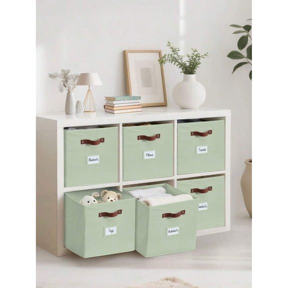odorsTT Storage Bins, Cube Storage Bin with Labels, Fabric Storage Cubes for Shelves - Beige - Sage Green-Cube 13" / 6pcs